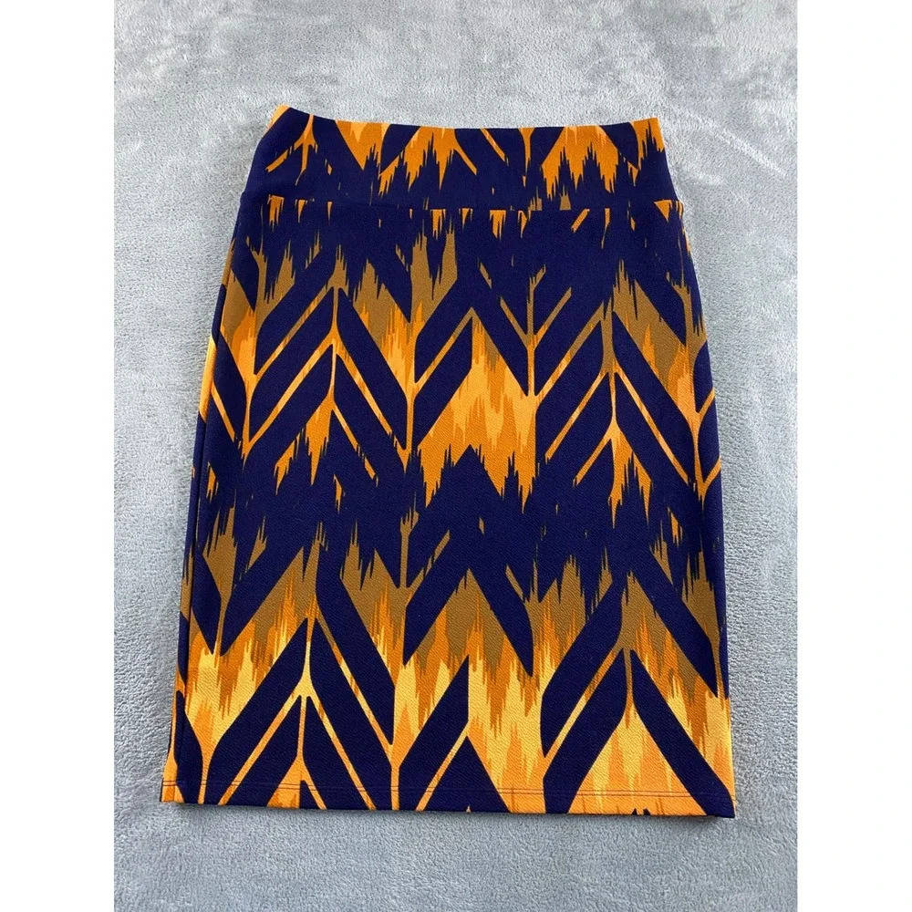 LuLaRoe Cassie Pencil Skirt Large Navy Mustard Yellow Brown‎ Chevron Ikat Print
